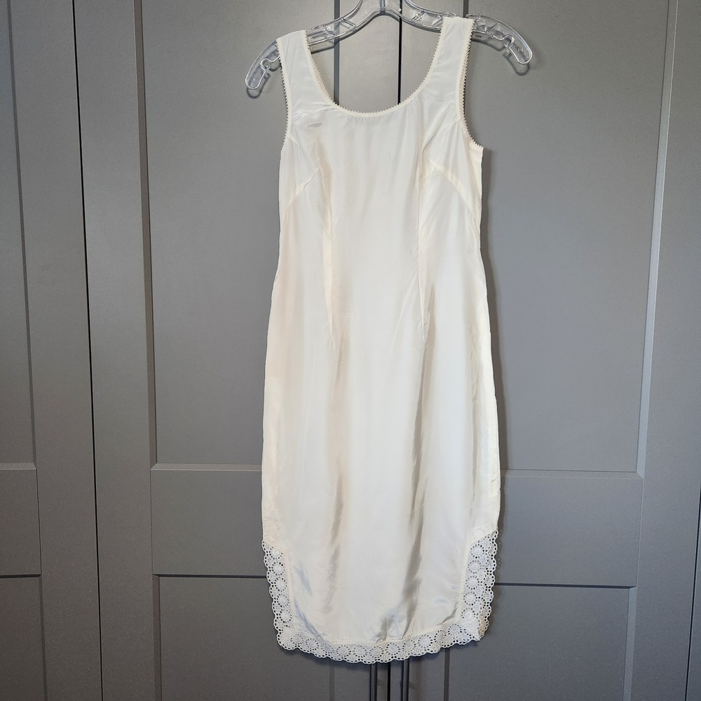Vintage 1950s Crown Zipper Tailored Full Slip Dress Eyelet Lace Trim Cream S M